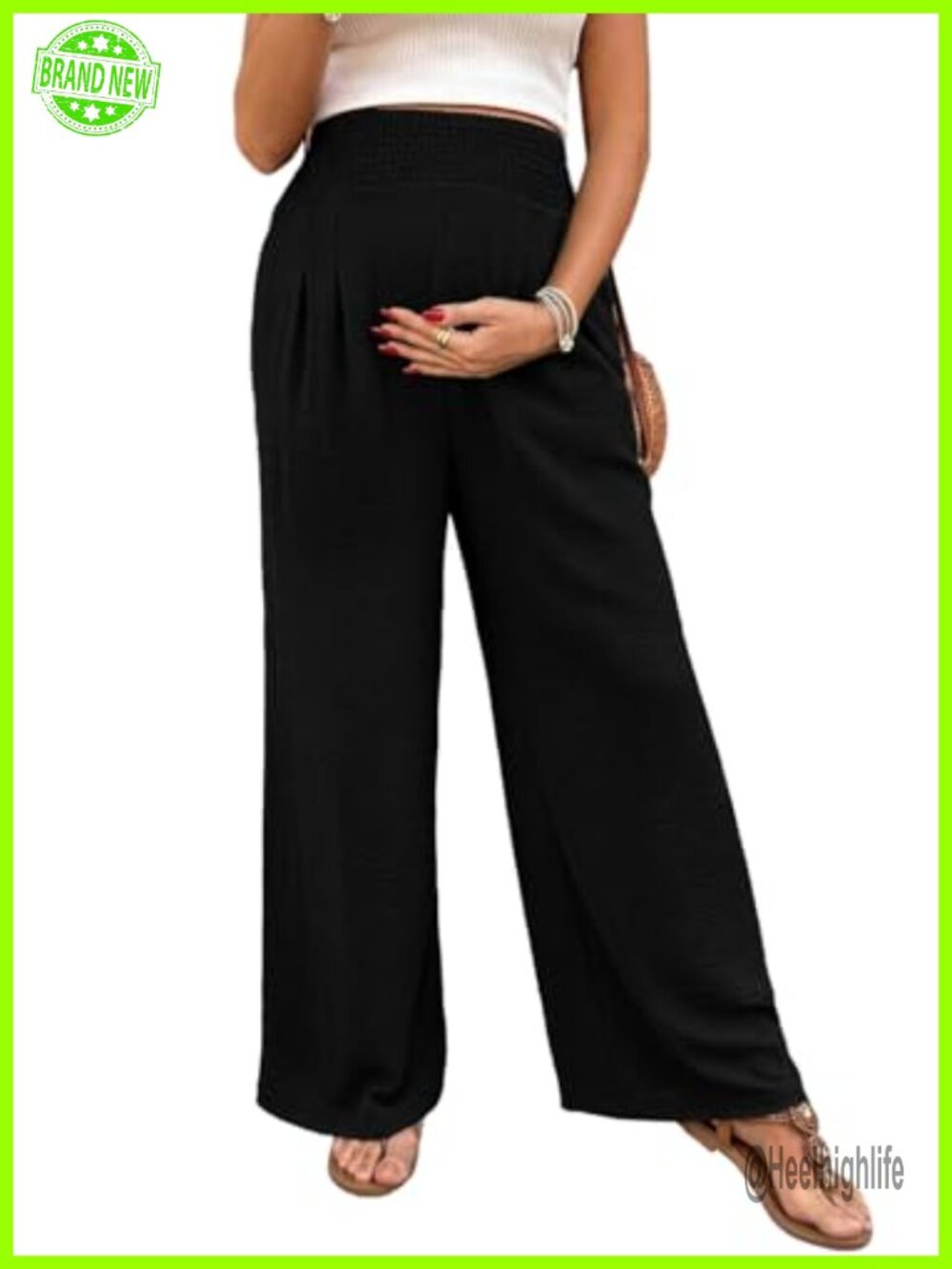 Smocked High Waist Wide Leg Palazzo Maternity Pants Pull On